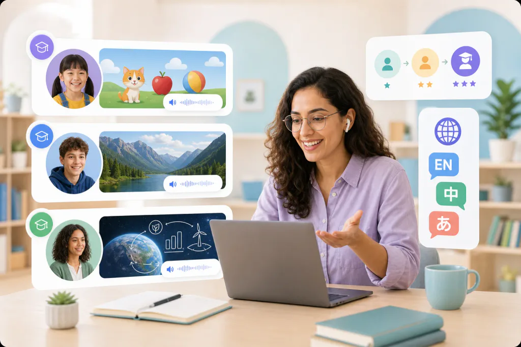 Educator preparing narrated lessons for different learner levels and teaching languages