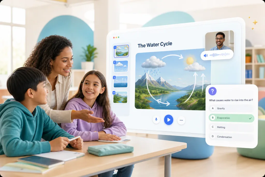 Teacher and students using an interactive water cycle classroom with narrated slides and a quiz
